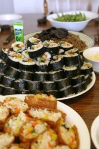 Homemade vegan inari sushi and California rolls